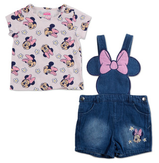 Thumbnail 2: Disney Little Girls 2 Pc Minnie Embroidered Shortalls & Tee 