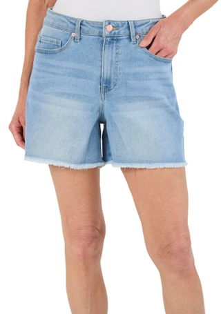 Thumbnail 1: Express Women's 5 Pocket High Rise Denim Frayed Hem Shorts 