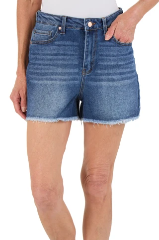 Thumbnail 1: Express Women's 5 Pocket High Rise Denim Frayed Hem Shorts 