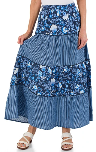 Thumbnail 1: Ellen Tracy Women's Floral & Stripe Tiered Challis Skirt 