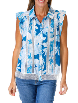 Thumbnail 1: FIGUEROA & FLOWER Women's Floral Button Down Lace Trimmed Top 