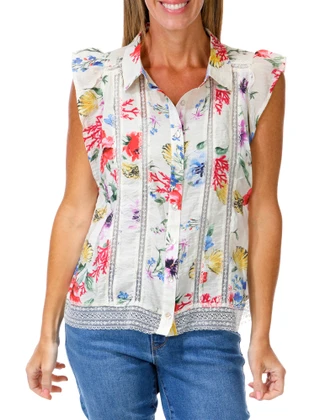 Thumbnail 1: FIGUEROA & FLOWER Women's Lace Trimmed Floral Button Down Top 