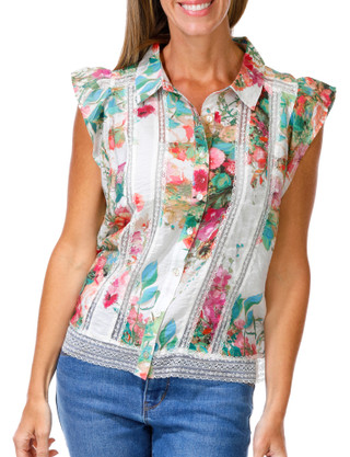 Thumbnail 1: FIGUEROA & FLOWER Women's Lace Trimmed Floral Button Down Top 