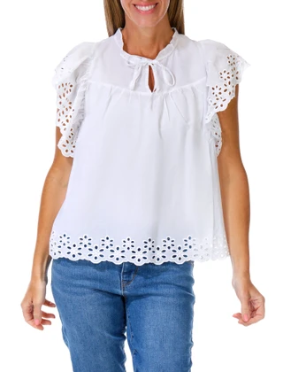 Thumbnail 1: Nanette Lepore Women's Eyelet Trimmed Tie Neck Top 
