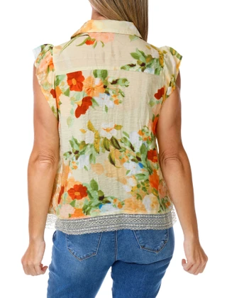 Thumbnail 2: FIGUEROA & FLOWER Women's Laced Trimmed Floral Button Down Top 