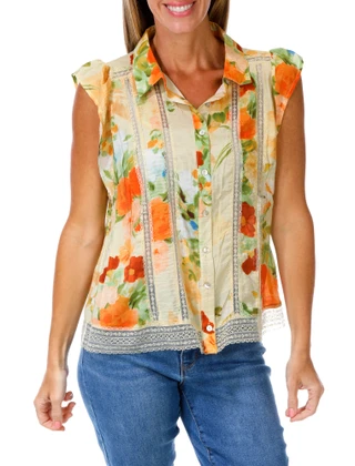 Thumbnail 1: FIGUEROA & FLOWER Women's Laced Trimmed Floral Button Down Top 