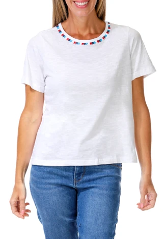 Thumbnail 1: Kate Park Women's Petite Americana Embroidered Crew Neck Top 