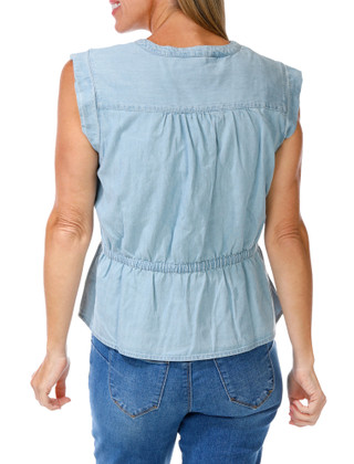 Thumbnail 2: Kate Park Women's Petite Denim Tie Waist Button Down Top 