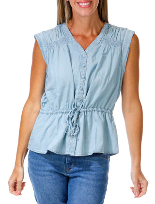 Thumbnail 1: Kate Park Women's Petite Denim Tie Waist Button Down Top 