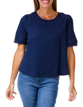 Thumbnail 1: Kate Park Women's Petite Lace Inset Fringe Sleeve Top 
