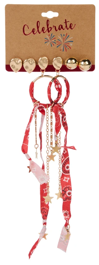 Thumbnail 1: Celebrate 3 Pr Americana 250th  Red Bandana & Gold Earrings Set 