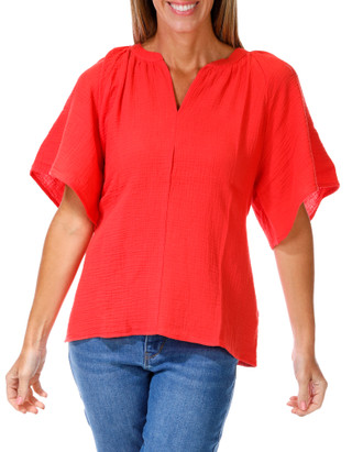 Thumbnail 1: MAGASCHONI Women's Gauze Flutter Sleeve V-Neck Top 