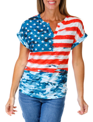 Thumbnail 1: Thomas & Olivia Women's Americana Camo Split Neck Rhinestone Top 
