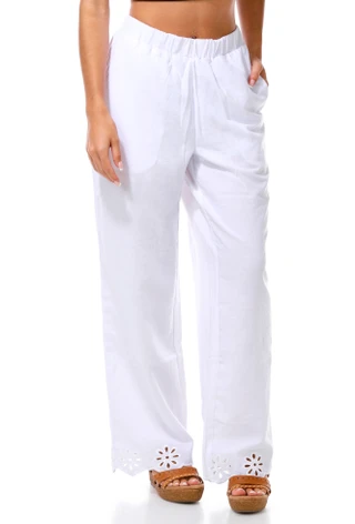 Thumbnail 1: No Comment Junior's Linen Embroidered Hem Wide Leg Pants 