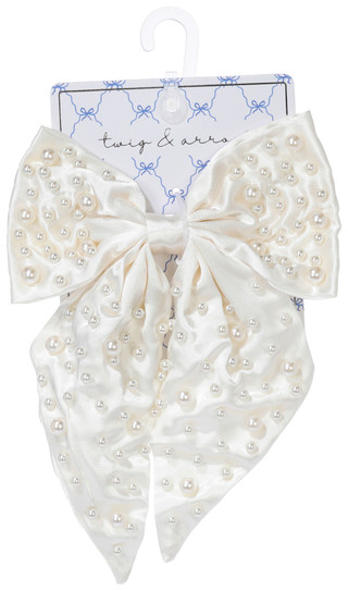 Thumbnail 1: TWIG & ARROW Satin Bow Hair Clip with Pearl Embellishments 