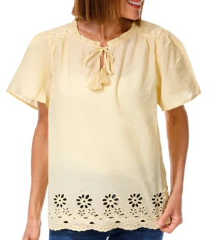 Thumbnail 1: Angels Women's Short Sleeve Embroidered Tie Front Top 