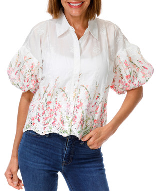 Thumbnail 1: LIV LOS ANGELES Women's Short Sleeve Poplin Floral Button Top 