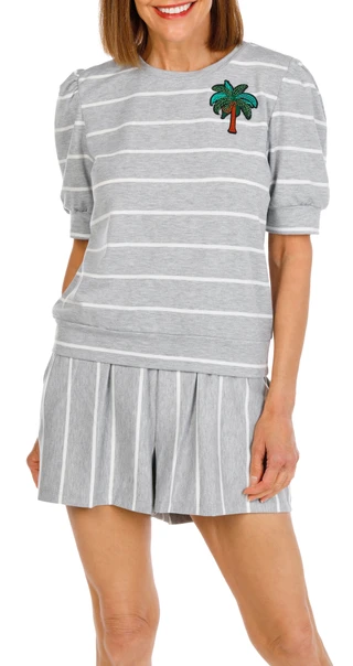 Thumbnail 1: Chelsea & Theodore Women's 2 Pc Palm Patch Striped Shorts Set 