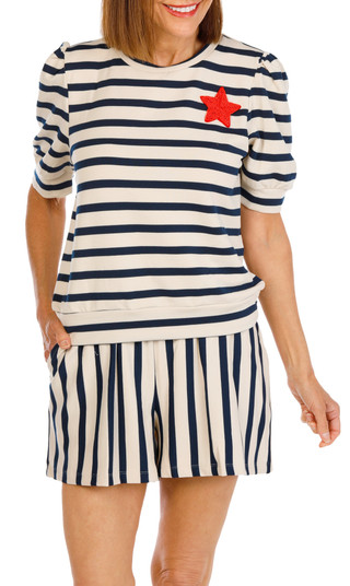 Thumbnail 1: Chelsea & Theodore Women's 2 Pc Star Patch Striped Shorts Set 