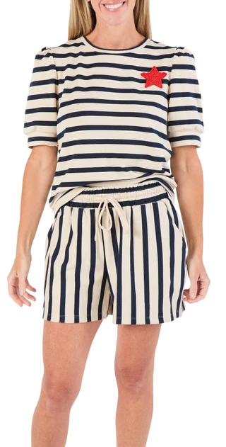 Thumbnail 1: Chelsea & Theodore Women's 2 Pc Star Patch Striped Shorts Set 