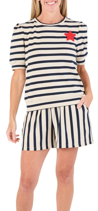 Thumbnail 2: Chelsea & Theodore Women's 2 Pc Star Patch Striped Shorts Set 