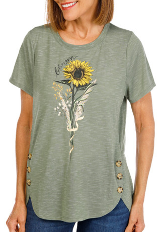 Thumbnail 1: Tru Self Women's Short Sleeve Sunflower Button Hem Top 