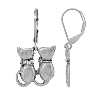 Thumbnail 1: 1928 Jewelry Pewter Silver Tone Crystal Double Cat Wire Earrings 