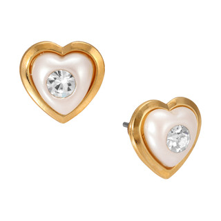 Thumbnail 1: 1928 Jewelry Gold Tone Pearl Heart Crystal Stud Earrings 