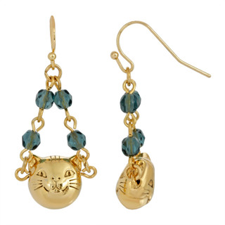 Thumbnail 1: 1928 Jewelry Gold Tone Cat Face Blue Beaded Chain Drop Wire Earrings 