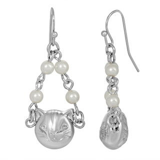 Thumbnail 1: 1928 Jewelry Silver Tone Cat Faux Pearl Drop Earrings 