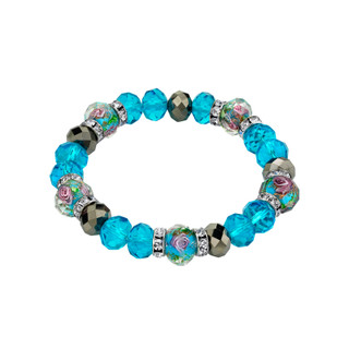 Thumbnail 1: 1928 Jewelry Silver Tone Aqua Pink Flower Crystal Stretch Beaded Bracelet 