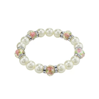 Thumbnail 1: 1928 Jewelry Silver Tone Faux Pearl Pink Flower Beaded Stretch Bracelet 