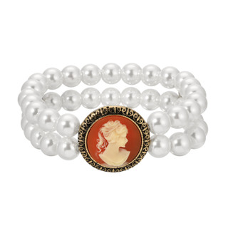 Thumbnail 1: 1928 Jewelry Carnelian Cameo Double Strand Faux Pearl Stretch Bracelet 