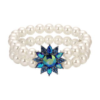 Thumbnail 1: 1928 Jewelry Silver Tone AB Crystal Blue Stone Flower Faux Pearl Bracelet 