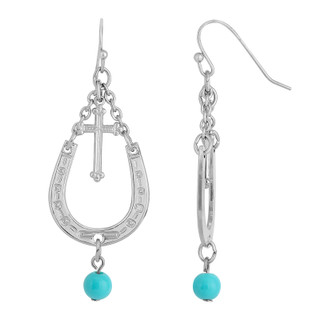 Thumbnail 1: 1928 Jewelry Imitation Turquoise Accent Horseshoe and Cross Drop Earrings 