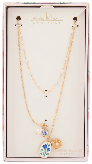 Thumbnail 1: Nicole Miller Gold Tone Pre-Layered Floral Charm Necklace  