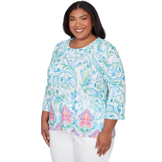 Thumbnail 5: Alfred Dunner Plus 3Q Sleeve Scroll Border Top 