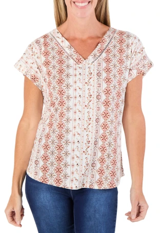 Thumbnail 1: Fifty Street Women's Short Sleeve V-Neck Print Top 