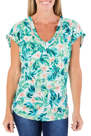 Thumbnail 1: Joie De Vivre Women's Short Sleeve V-Neck Botanical Top 