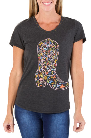 Thumbnail 1: Anneliese Women's Short Sleeve Embroidered Cowboy Boot Top 