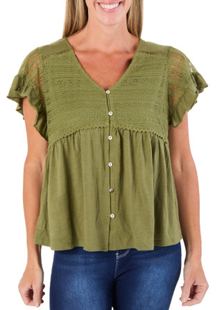 Thumbnail 1: Tru Self Women's Short Sleeve Lace Button Front Top 