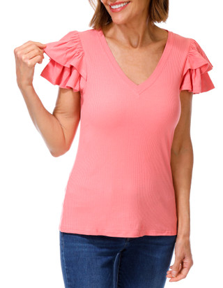 Thumbnail 1: 1. State Women's Flutter Sleeve V-Neck Ribbed Top 