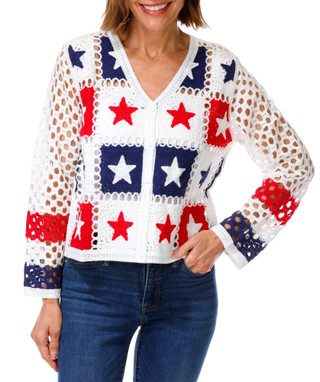 Thumbnail 1: LIV LOS ANGELES Women's Petite Americana Open Crochet Stars Cardigan 