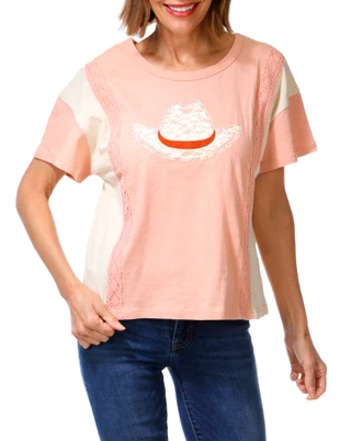 Thumbnail 1: Anneliese Women's Lace Trim Cowboy Hat Applique Top 