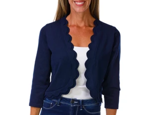 Thumbnail 1: Nina Leonard Women's 3/4 Sleeve Scallop Trim Shrug 