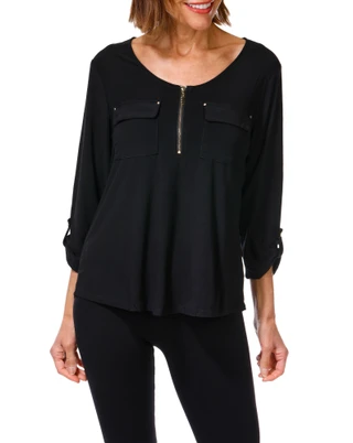 Thumbnail 1: Joie De Vivre Women's Quarter Zip 2 Pocket Studded Top 