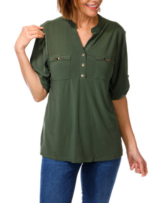 Thumbnail 1: PerSeption Women's Short Sleeve Henley Neck Top 