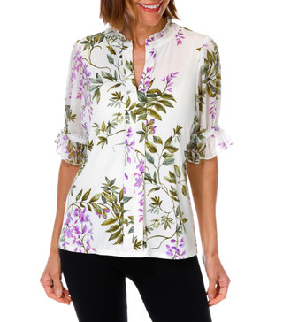 Thumbnail 1: PerSeption Women's Ruffled Floral Center Placket Top 