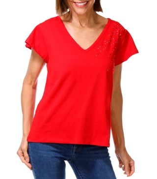 Thumbnail 1: ILU Women's Short Sleeve Rhinestone V-Neck Top 