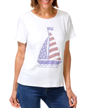 Thumbnail 1: ILU Women's Petite Short Sleeve Americana Sailboat Tee 